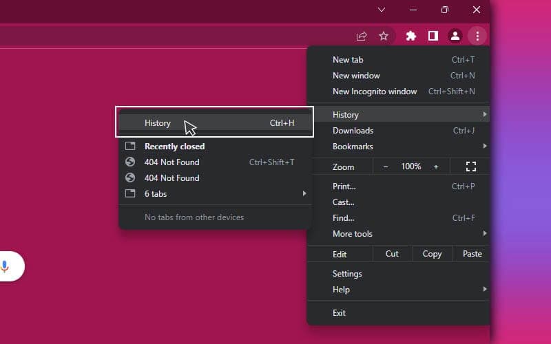 Chrome menu open with History selected and the History submenu item highlighted