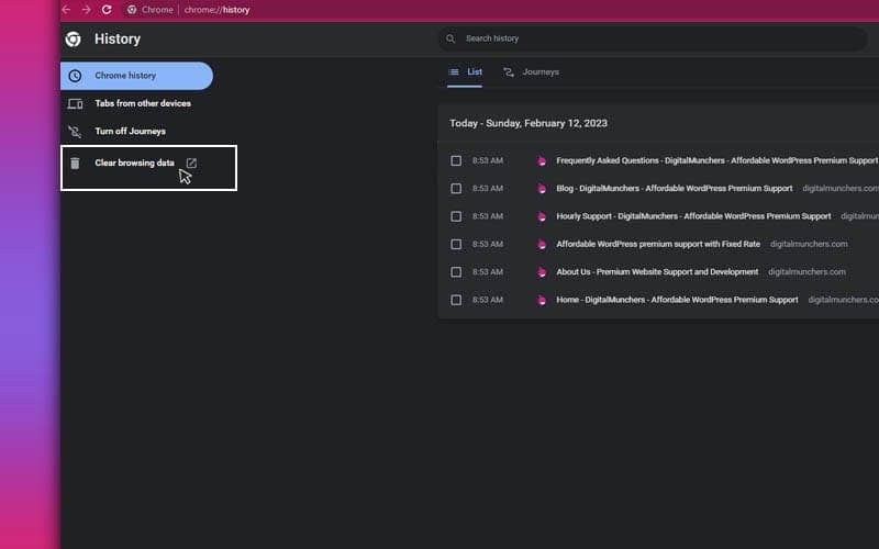 Chrome History page with the Clear browsing data link highlighted in the sidebar