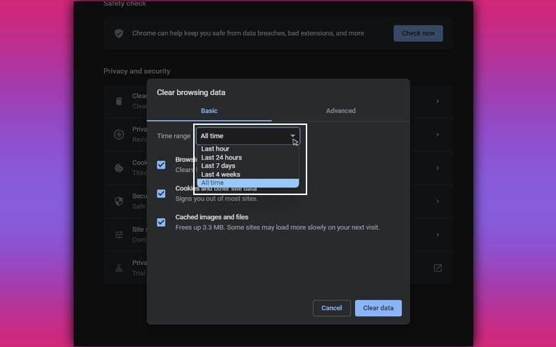 Chrome Clear browsing data dialog with a time range selected and the Clear data button