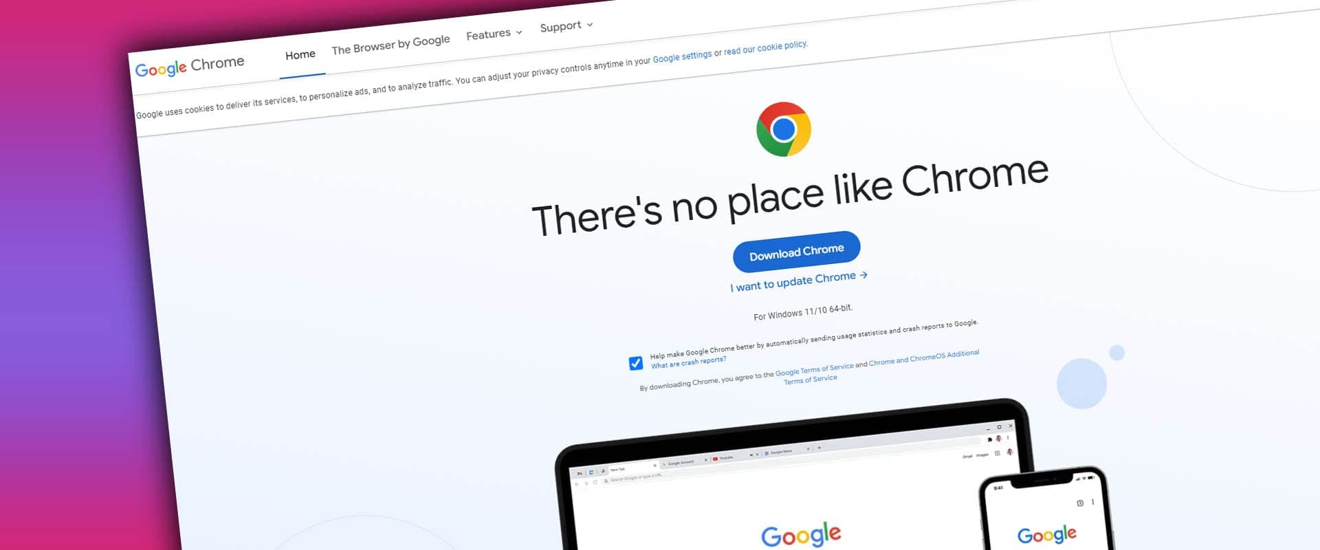 Google Chrome download page reading “There’s no place like Chrome” shown on a laptop and phone
