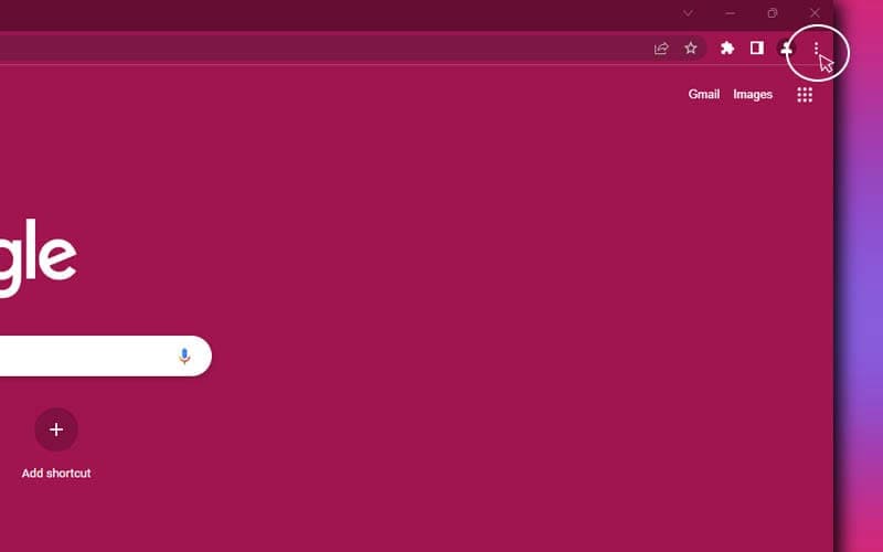 Chrome toolbar with the three-dot menu button circled in the top right corner