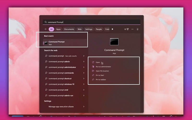 Windows search results with the Command Prompt app highlighted
