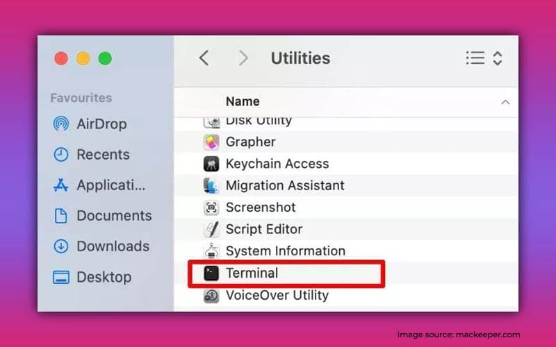 macOS Finder Utilities folder with the Terminal app highlighted