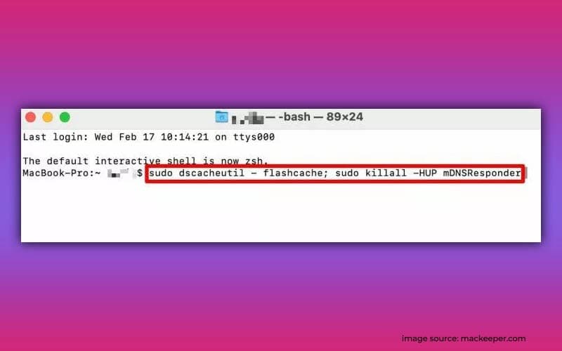 macOS Terminal with a DNS cache flush command typed in