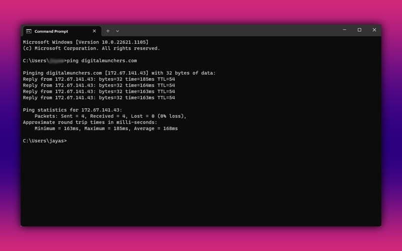 Command Prompt output of a ping command with four replies and 0% packet loss