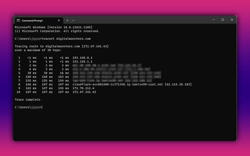 Command Prompt output of a tracert command listing each network hop to the website